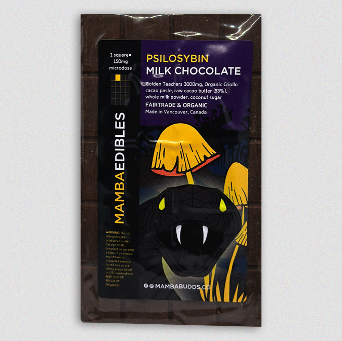 Mamba Milk Chocolates | Shroom N' Zoom Bar is the perfect way to get to Mars on a Budget! Made with 3000mg of Golden Teacher Mushrooms, this bar combines the best of both worlds – delectable Milk chocolate and powerful psychedelic effects from psilocybin. With its smooth texture, rich flavor and bold taste, Mamba Milk Chocolates will take you on a triumphant journey for an excitingly new experience. Let Mamba's Shroom N' Zoom Milk Chocolate Bar unleash your full potential and make every bite an unforgettable moment!